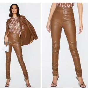 Chocolate Button Up Faux Leather Skinny Pants